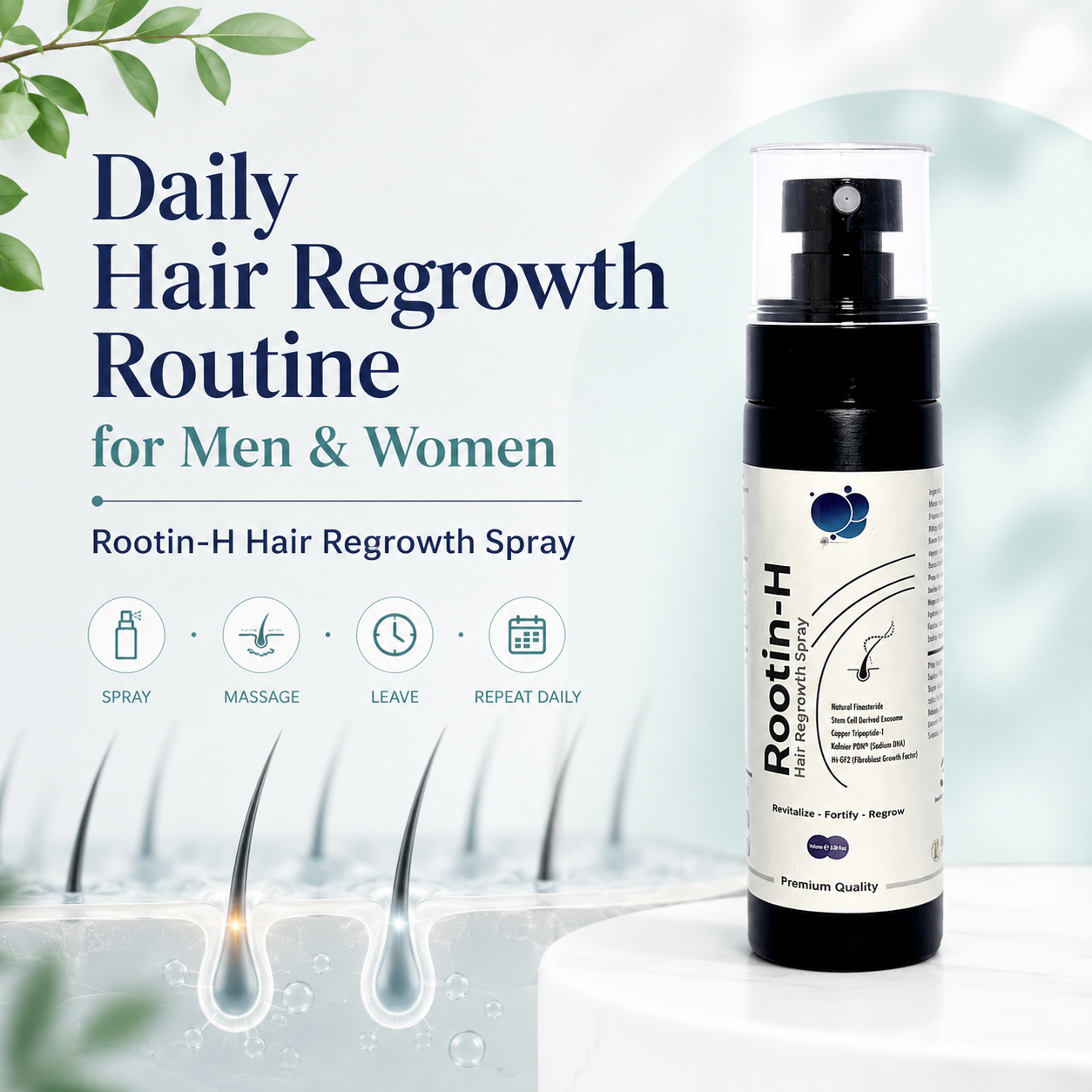 Daily Hair Regrowth Routine for Men & Women with Rootin-H Spray