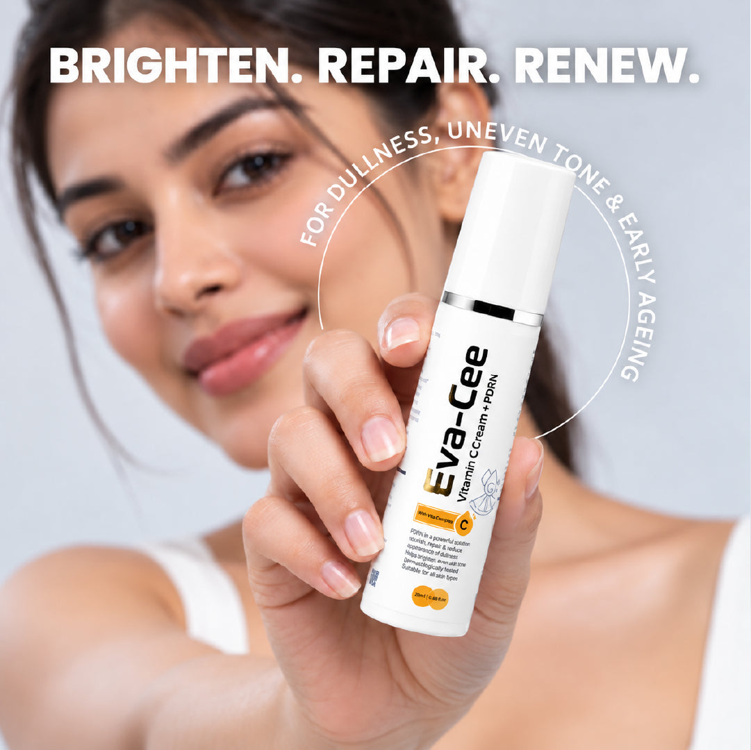 Woman holding Eva-Cee vitamin C cream with PDRN for dullness uneven tone and dark spots