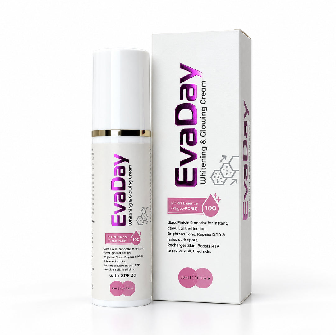 EvaDay glowing cream with PDRN and SPF 30 bottle and packaging