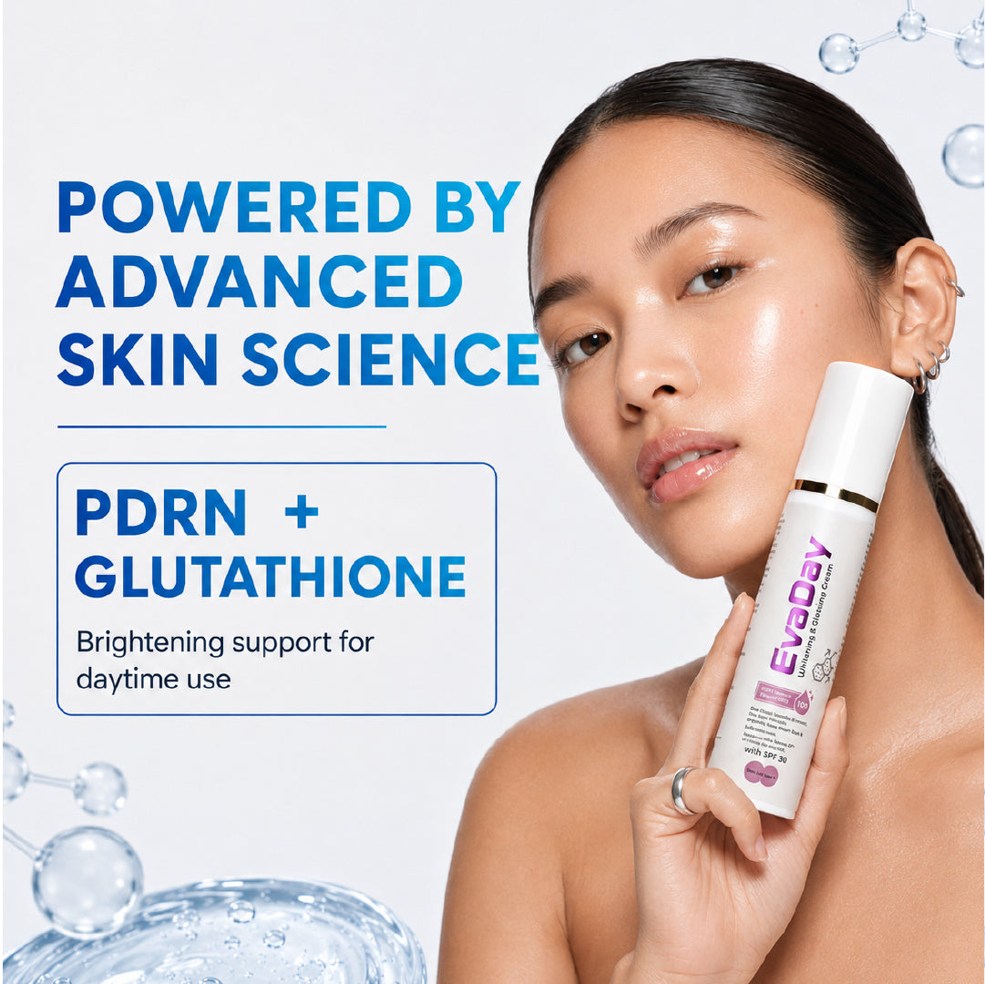 Woman holding EvaDay PDRN glowing cream with glutathione for daytime brightening