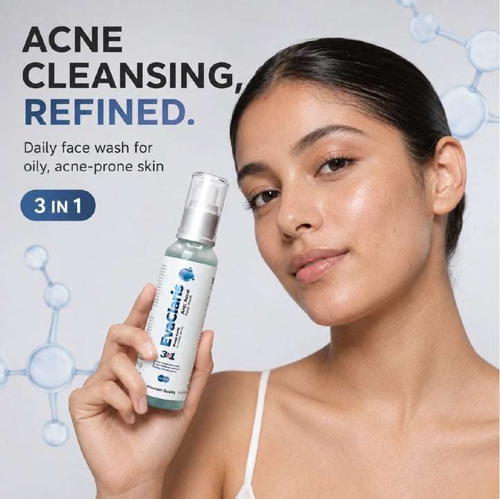 Woman holding EvaClaris cica exosome face wash for oily and acne-prone skin