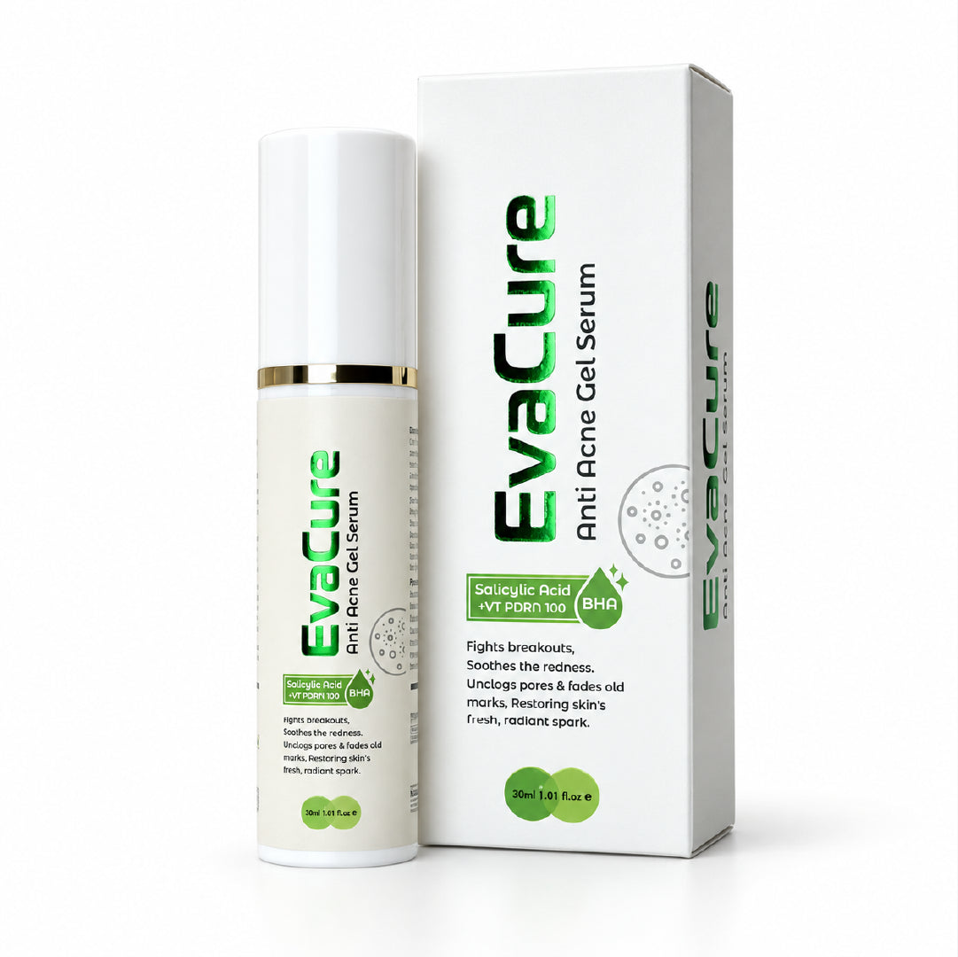 EvaCure anti-acne gel serum bottle and packaging with salicylic acid and PDRN