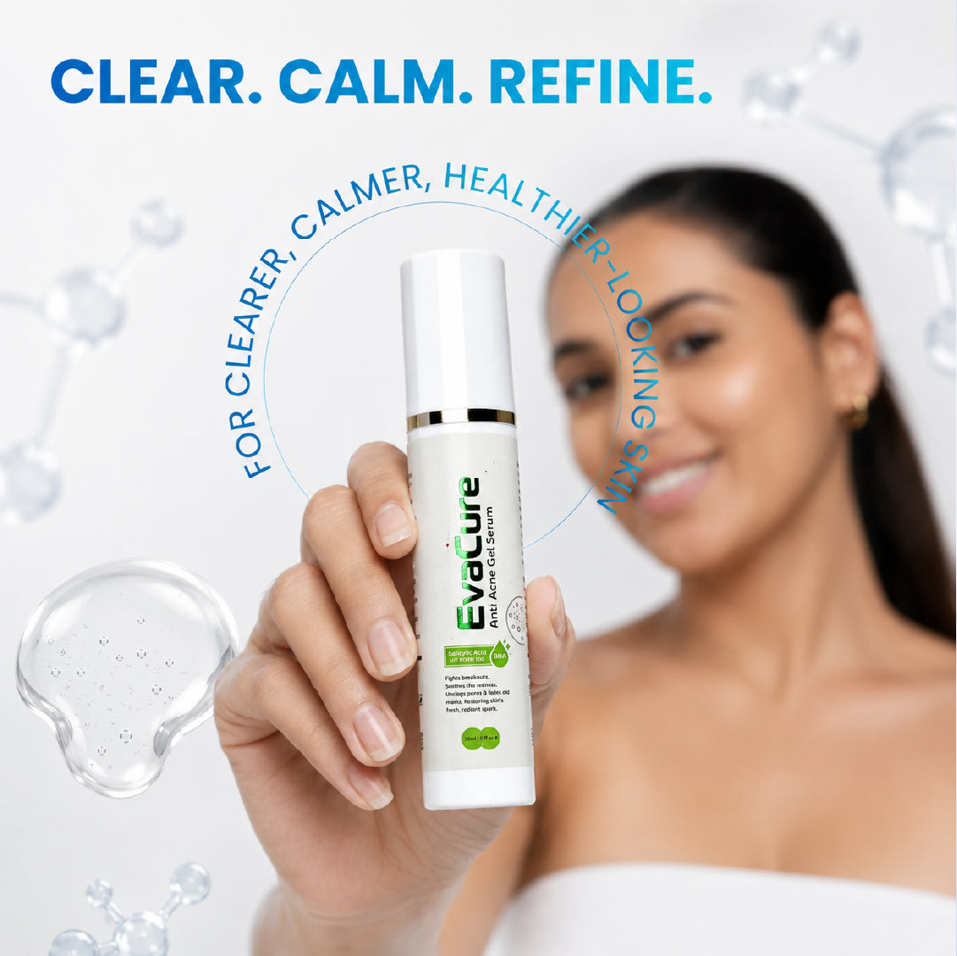 Woman applying EvaCure anti-acne serum for clearer calmer and healthier-looking skin
