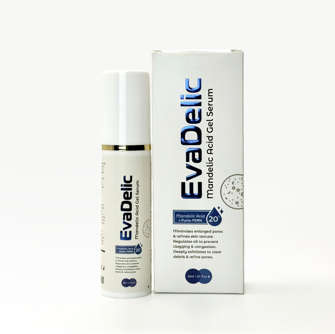 EvaDelic mandelic acid gel serum bottle and packaging with oat-derived PDRN
