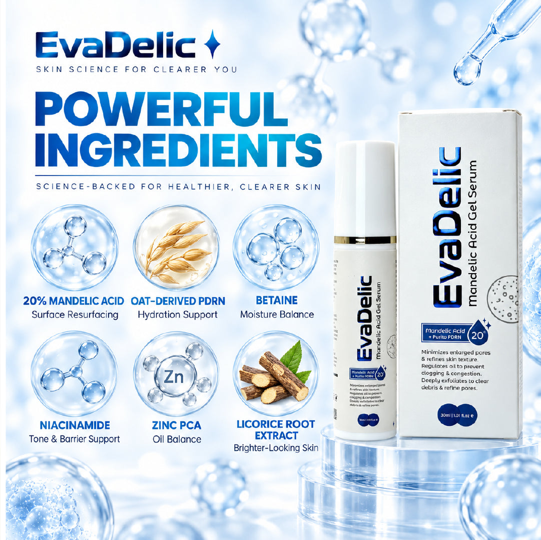 EvaDelic mandelic acid serum ingredients for clearer pores and refined skin texture
