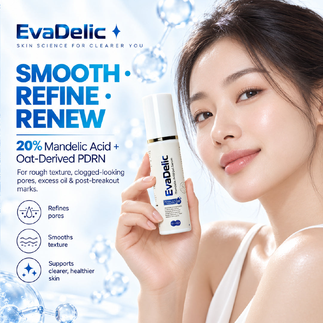 Woman holding EvaDelic mandelic acid and PDRN serum for rough texture and clogged pores