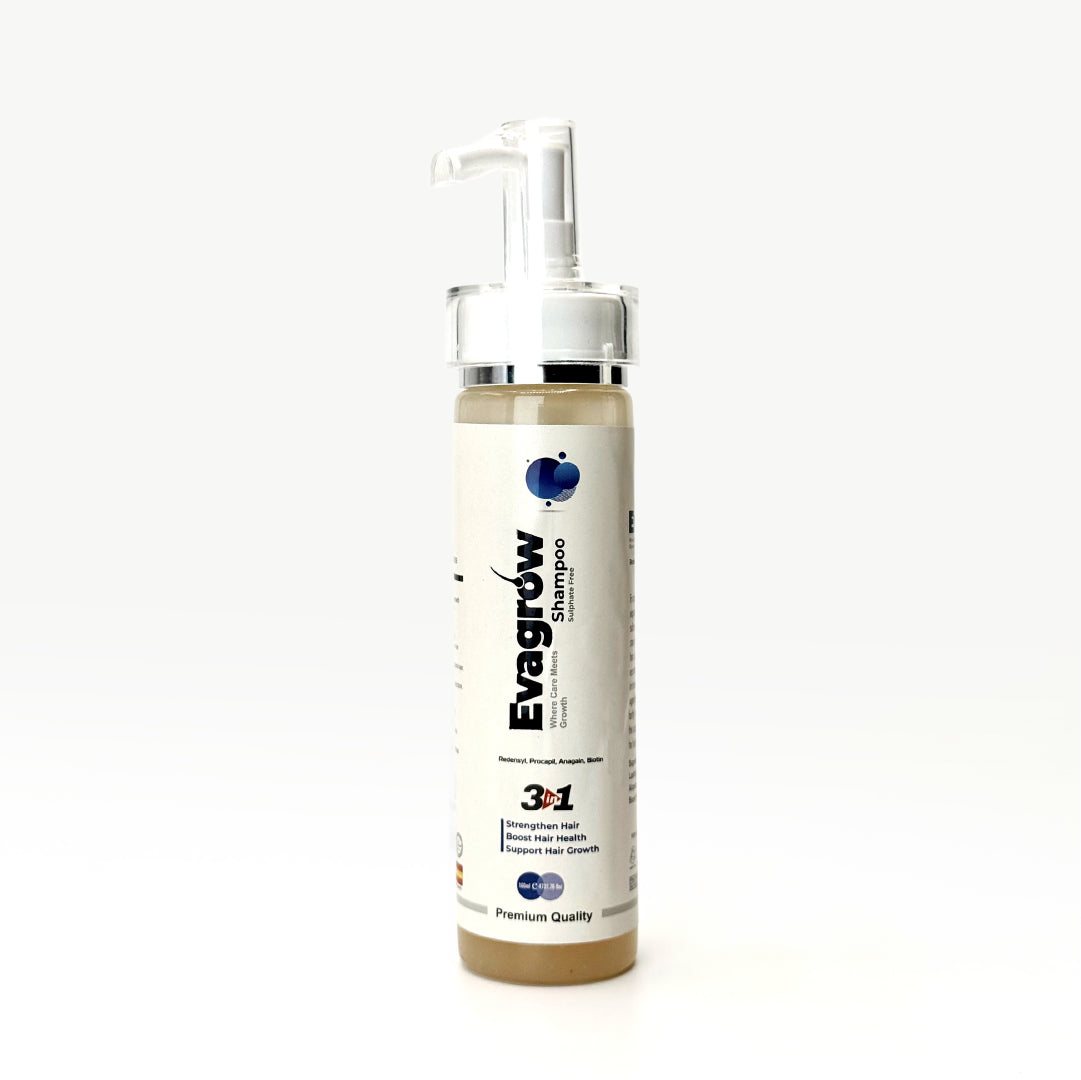 EvaGrow sulphate-free hair strengthening shampoo bottle by Elysium Skin Sciences