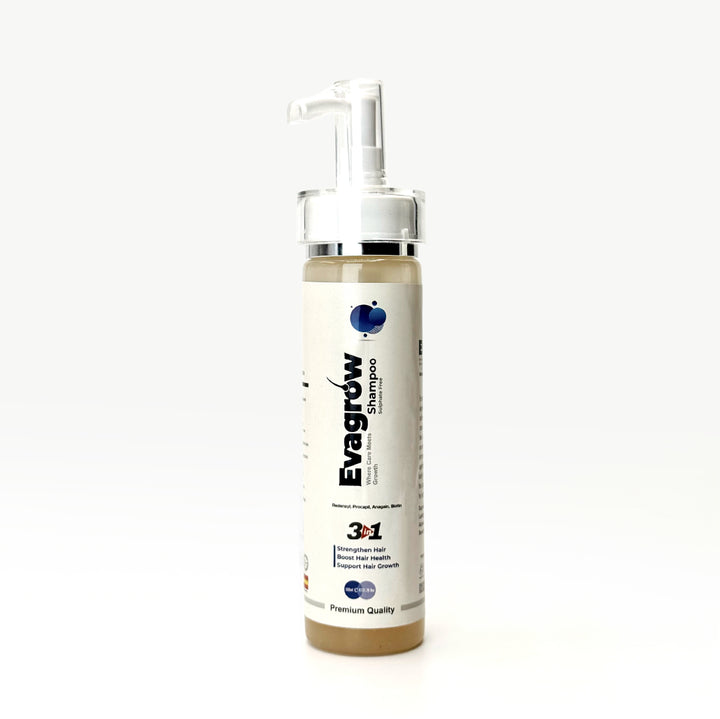 EvaGrow sulphate-free hair strengthening shampoo bottle by Elysium Skin Sciences