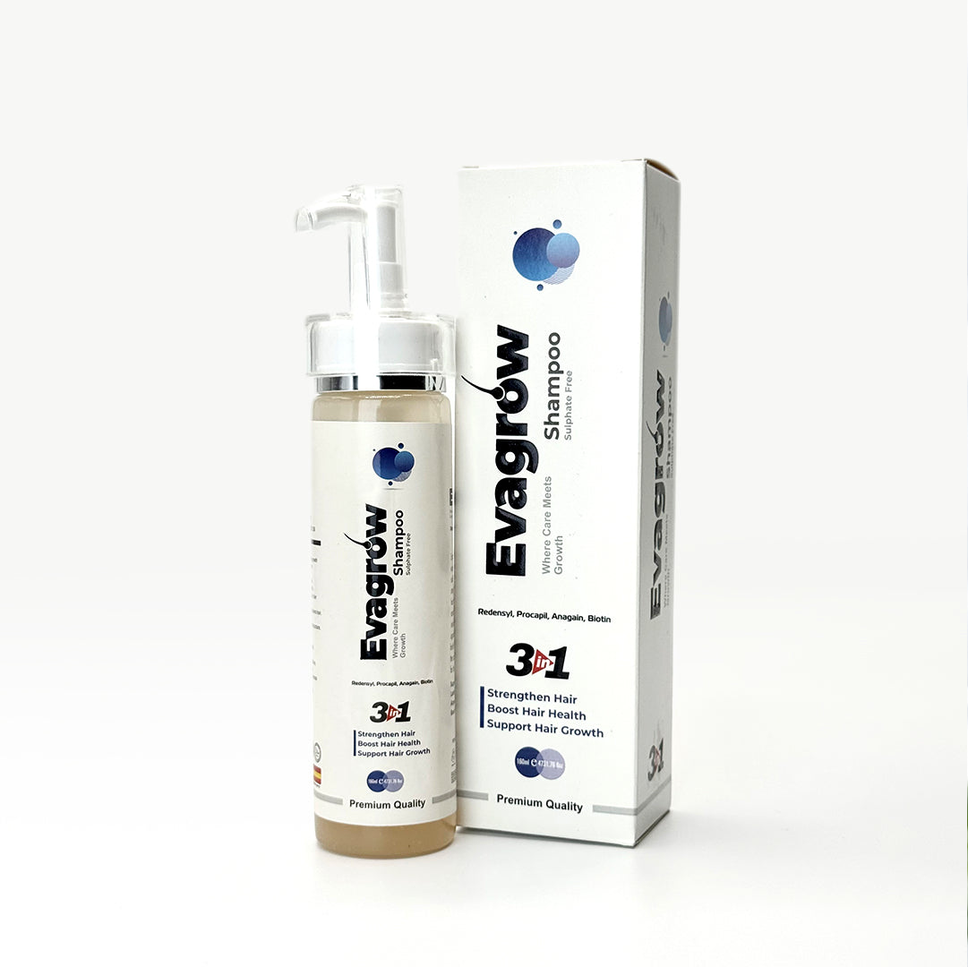EvaGrow 3-in-1 sulphate-free hair shampoo bottle and packaging box