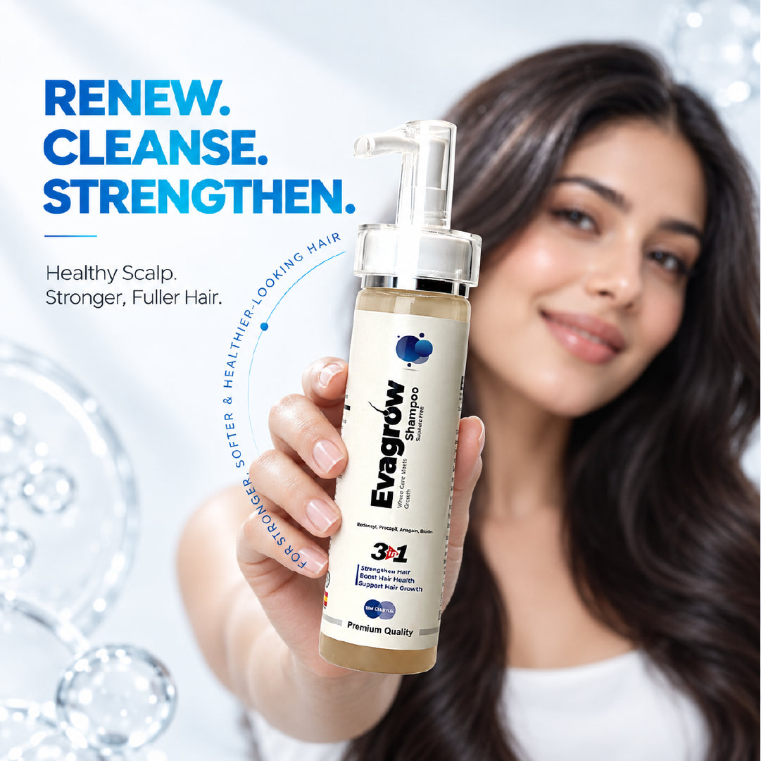 Woman holding EvaGrow sulphate-free shampoo for healthy scalp and stronger fuller hair