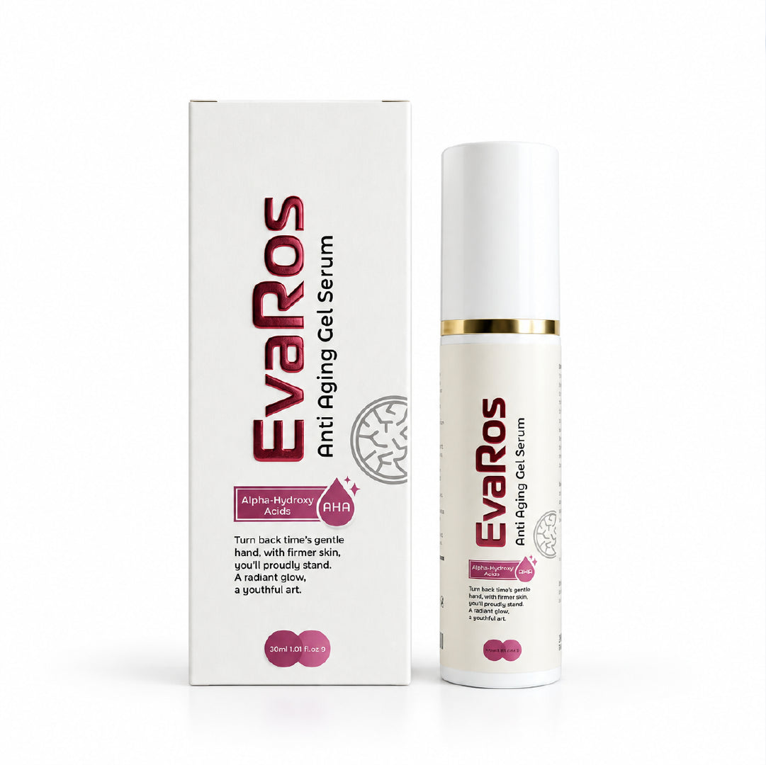 EvaRos anti-aging gel serum bottle and packaging with AHA and peptide complex