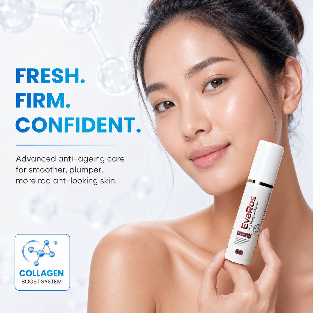 Woman holding EvaRos anti-aging gel serum for firmer and more youthful-looking skin