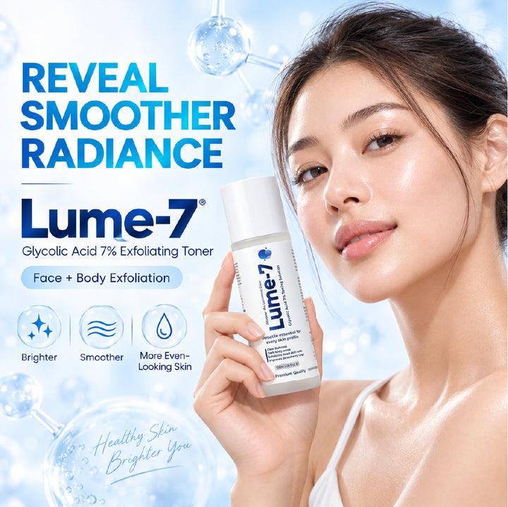 Woman holding Lume-7 glycolic acid toning solution for brighter and smoother skin