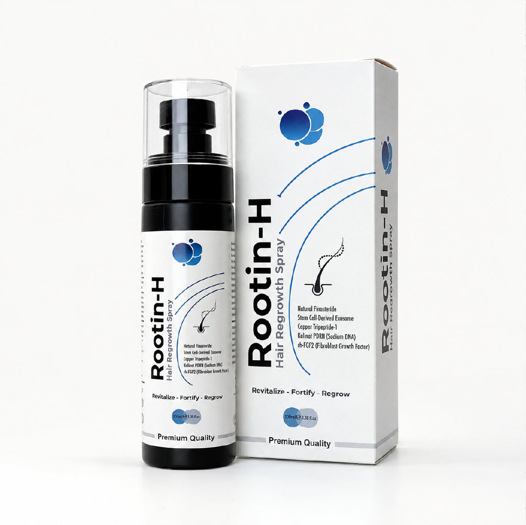 Rootin-H hair regrowth spray bottle and packaging box for scalp density