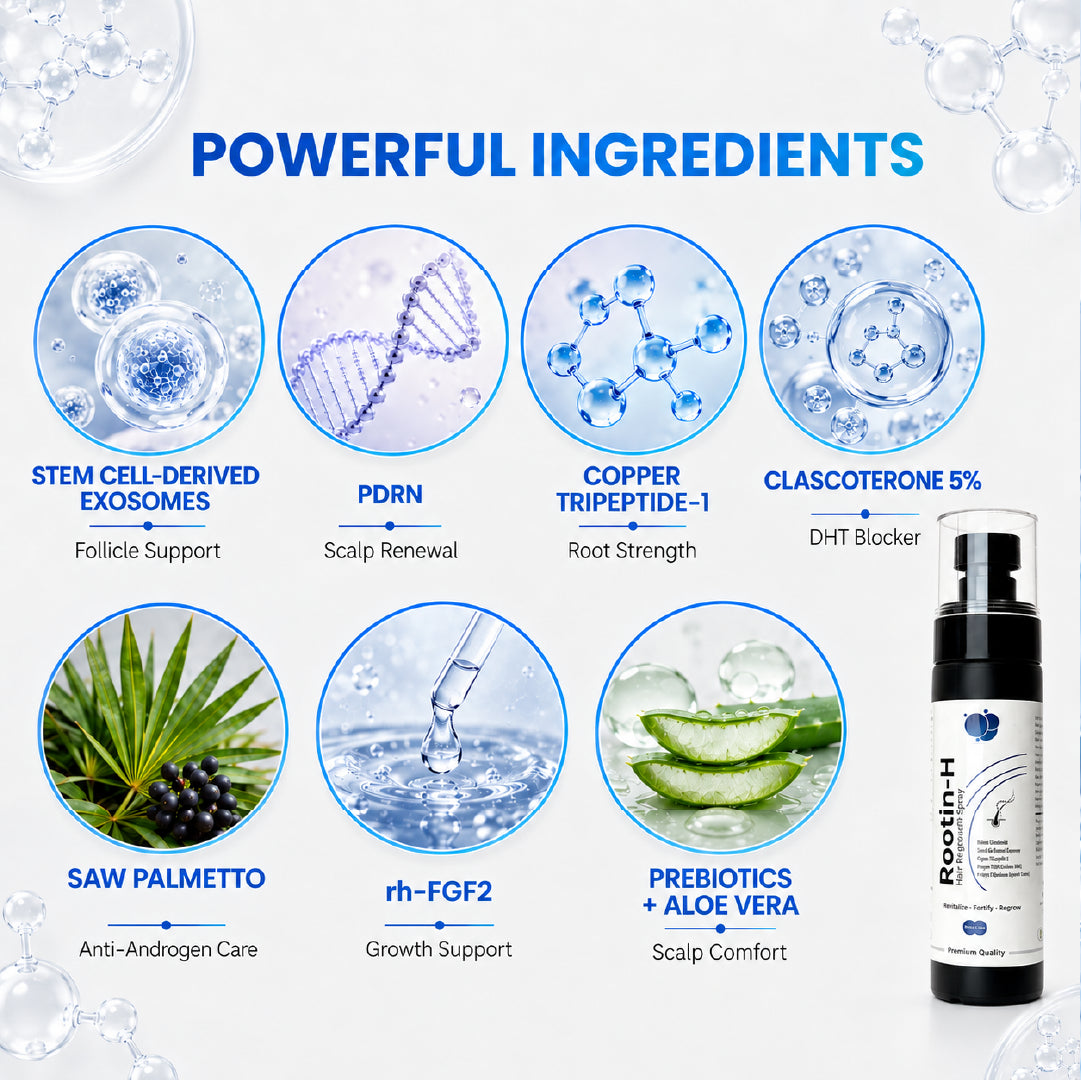 Rootin-H spray ingredients exosomes PDRN copper peptides clascoterone and saw palmetto