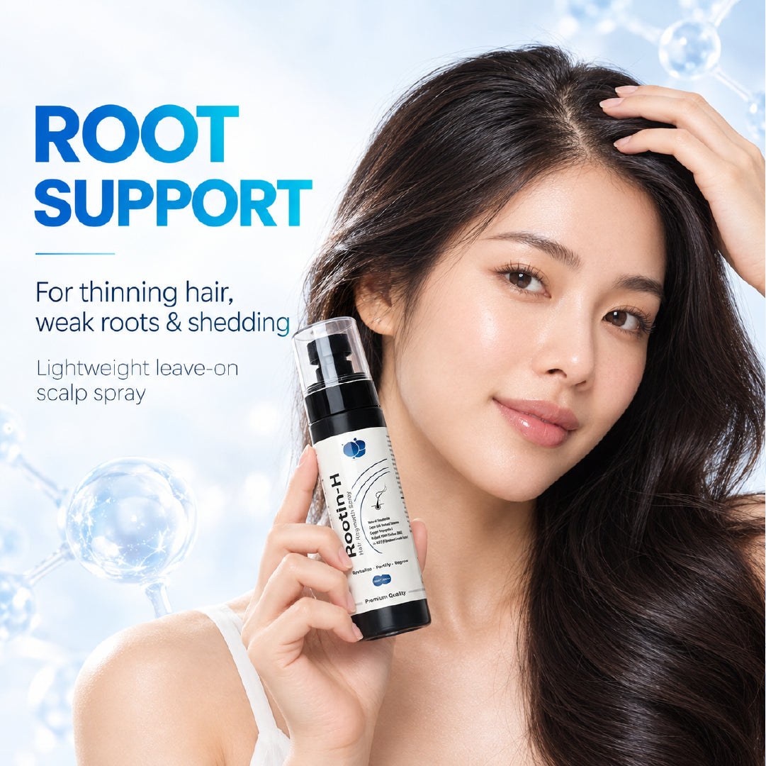 Woman applying Rootin-H scalp density spray for thinning hair and weak hair roots